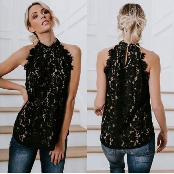 Talia Sleeveless Black Lace Halter Neck Top Floral Crochet Design Size Large - Picture 2 of 12
